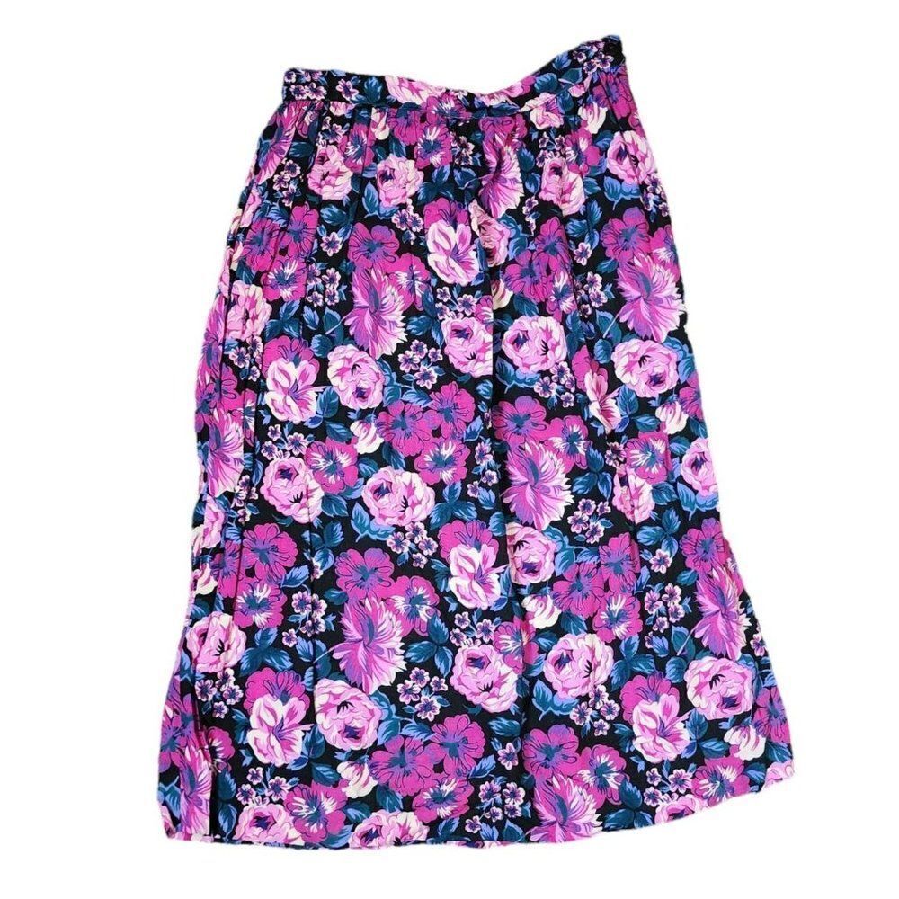 Vintage 80s Full Modest Skirt Womens Size M Purple Pink Floral Midi